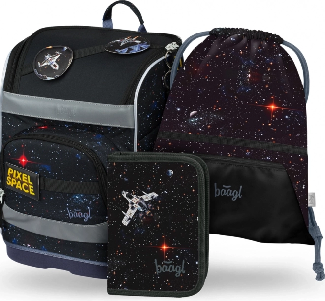 Zestaw szkolny BAAGL: Zippy Plus Pixel Space - tornister, piórnik, woreczek