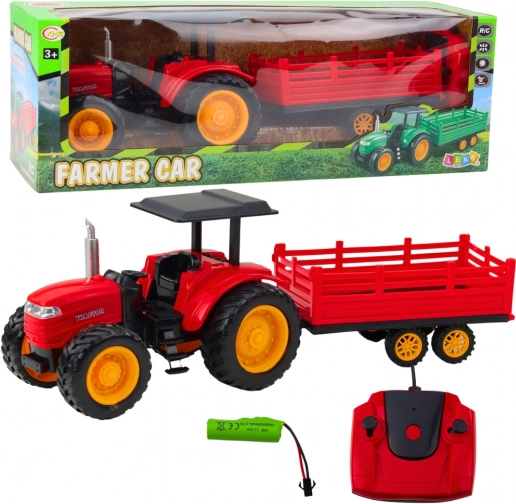 Zdalnie sterowany traktor farmerski z przyczepą, czerwony