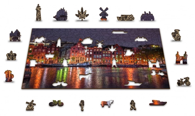 Drewniane puzzle Nocny Amsterdam z unikalnymi elementami