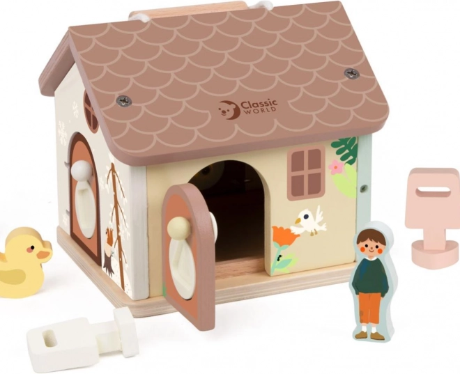 Drewniany domek z klockami do układania dla dzieci