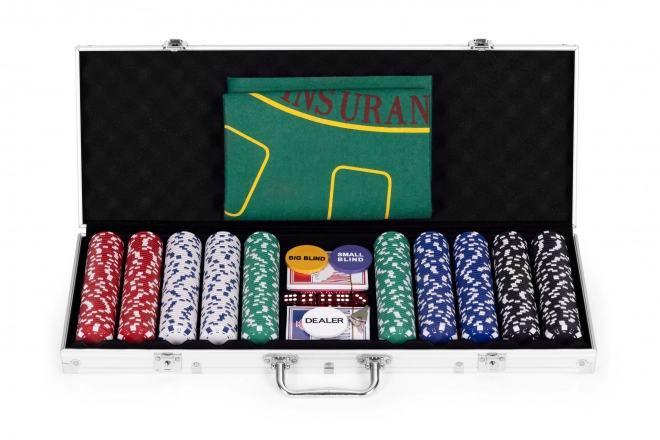 Zestaw Poker i Blackjack – 500 żetonów, 2 talie kart, kości, mata do gry, zamykana walizka