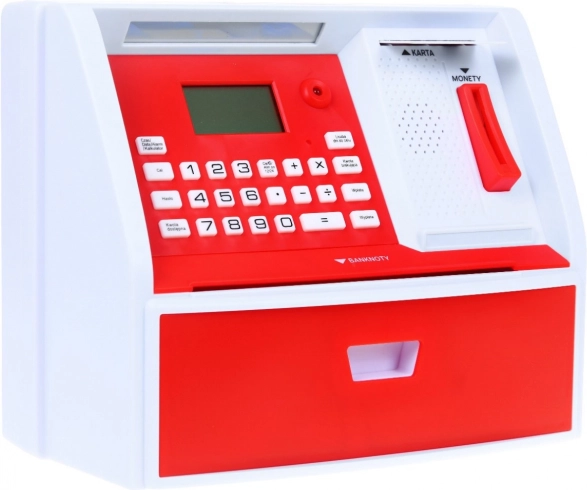 Dziecięca skarbonka – bankomat z kartą 3+ interaktywne funkcje i tryb oszczędzania – Czerwony