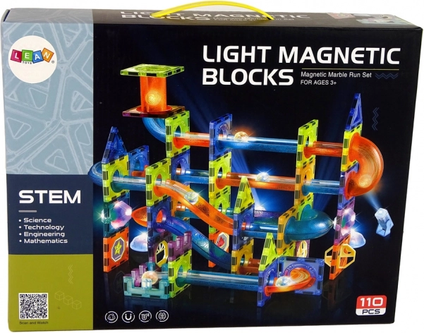 Magnetyczny tor kulkowy plastikowy 110 szt. 16 kulek + dodatki na baterie w pudełku 36x28x9cm