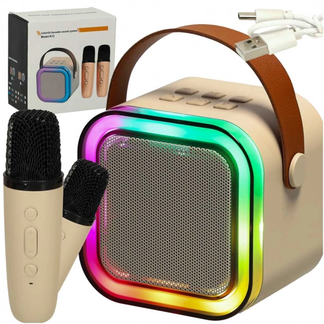 Zestaw Karaoke 2 mikrofony + przenośny głośnik BLUETOOTH USB LED kolor beżowy