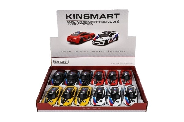 Samochód Kinsmart BMW M8 Competition Coupé 1:38 metal/plast 12,5cm 4 kolory na napęd wsteczny 12 sztuk w pudełku