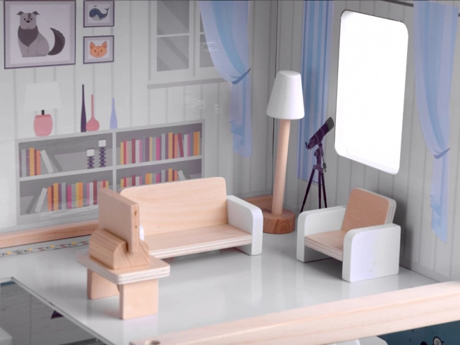 Drewniany domek dla lalek z lampkami LED w stylu boho 78cm