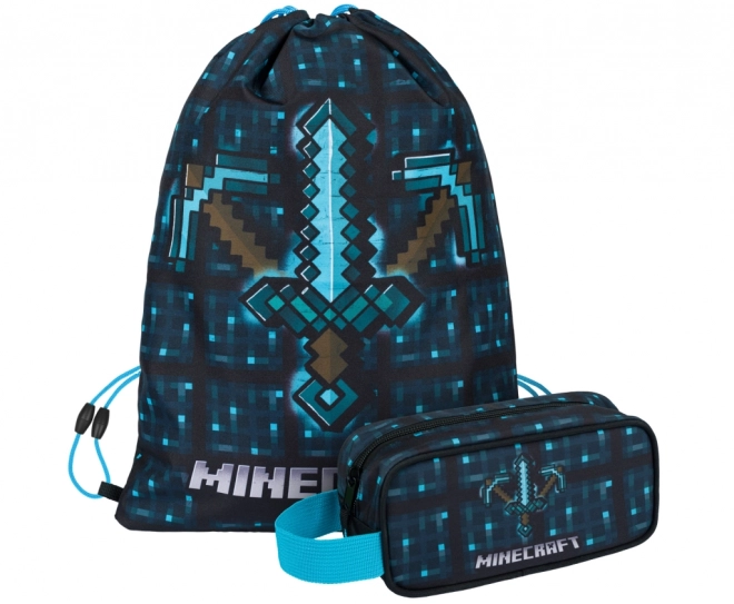 Minecraft 2 zestaw niebieski topór i miecz piórnik i worek