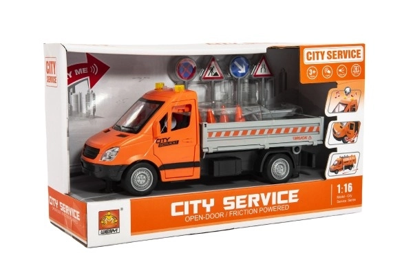 Auto utrzymania dróg plastik 25cm na napęd na baterie z dźwiękiem i światłem w pudełku 32x19x12cm