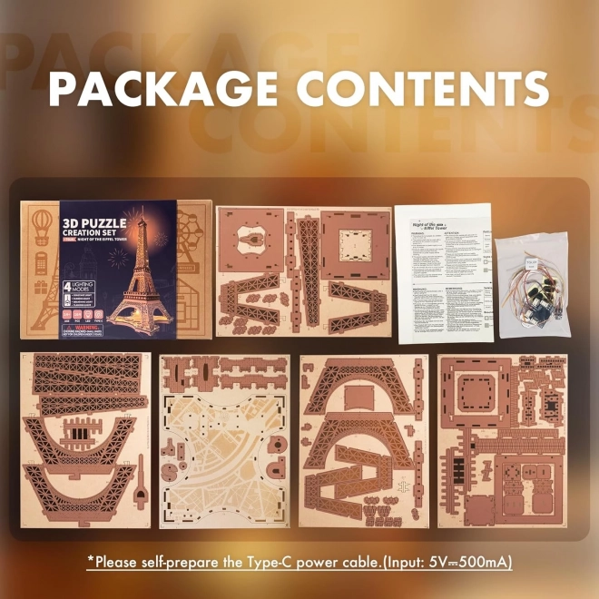 RoboTime 3D Drewniane puzzle Rolife Noc Wieży Eiffla świecące