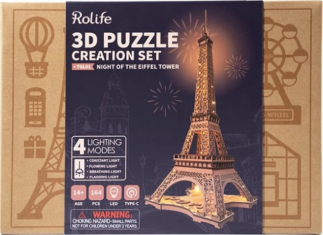 RoboTime 3D Drewniane puzzle Rolife Noc Wieży Eiffla świecące
