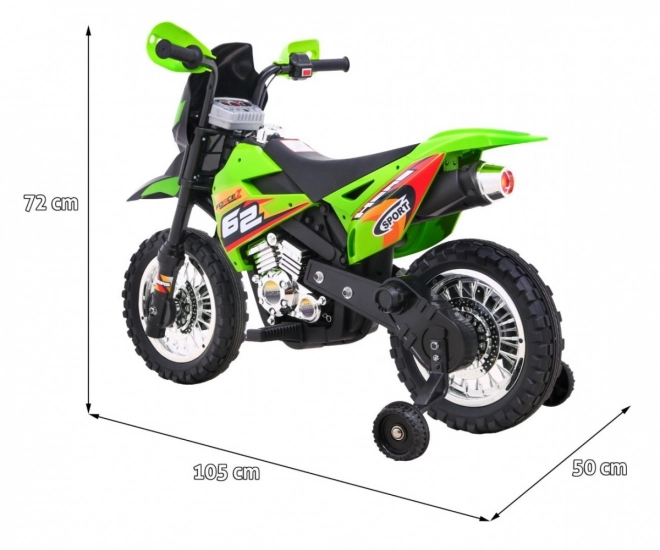 Dziecięcy elektryczny motocykl cross na akumulator – zielony, z kółkami pomocniczymi i światłami LED