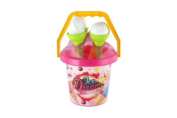 Zestaw do piasku plastikowy wiaderko + foremki lody 2 kolory w siatce 18x28x17cm 12m+