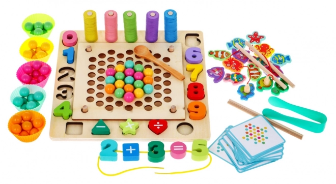 Drewniany zestaw edukacyjnych gier 6w1 dla dzieci 3+ Sorter łowienie nauka cyfr