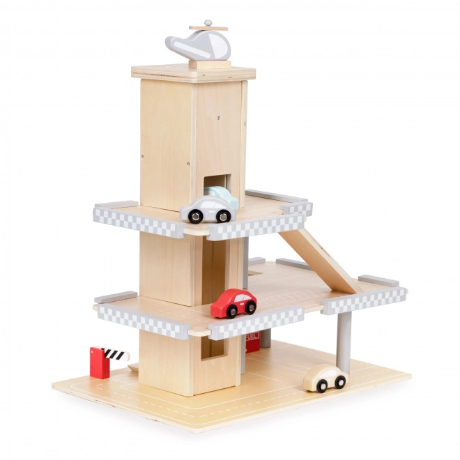 ECOTOYS Duży drewniany garaż z windą i autkami