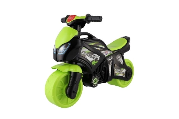 Odpychacz motocykl zielono-czarny plastik na baterie ze światłem i dźwiękiem w worku 36x53x74cm