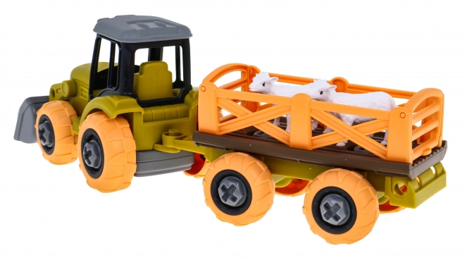 Odkręcany traktor z łyżką i przyczepą + śrubokręt + owce Zabawka dla dzieci 3+