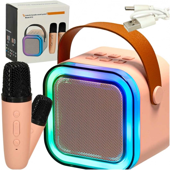 Zestaw karaoke 2 mikrofony + przenośny głośnik BLUETOOTH USB LED różowy
