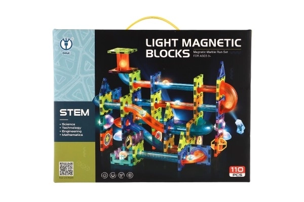 Magnetyczny tor kulkowy plastikowy 110 szt. 16 kulek + dodatki na baterie w pudełku 36x28x9cm
