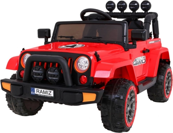 Dziecięcy elektryczny samochód terenowy Full Time 4WD z napędem 4x4, zdalnym sterowaniem i oświetleniem LED – Czerwony