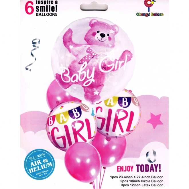 Różowe urodzinowe balony z misiem dla dziewczynki - 6 sztuk