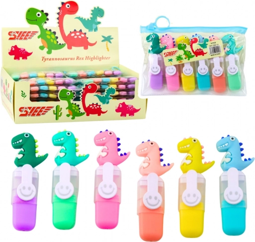 Zestaw mini zakreślaczy z klipsami dinozaurów w etui, 6 szt.
