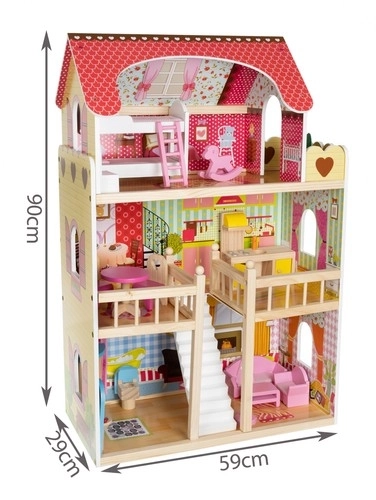 Drewniany domek dla lalek z wyposażeniem 90 cm