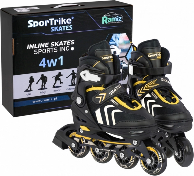 Zestaw 4w1 łyżwy dla dzieci: rolki inline, quad i łyżwy – rozmiar 39–43 – żółty