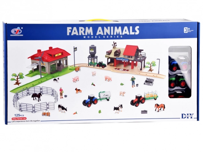 Mega duża farma z traktorami i zwierzętami