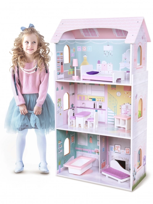 ECOTOYS Trzypoziomowy domek dla lalek Truskawkowy