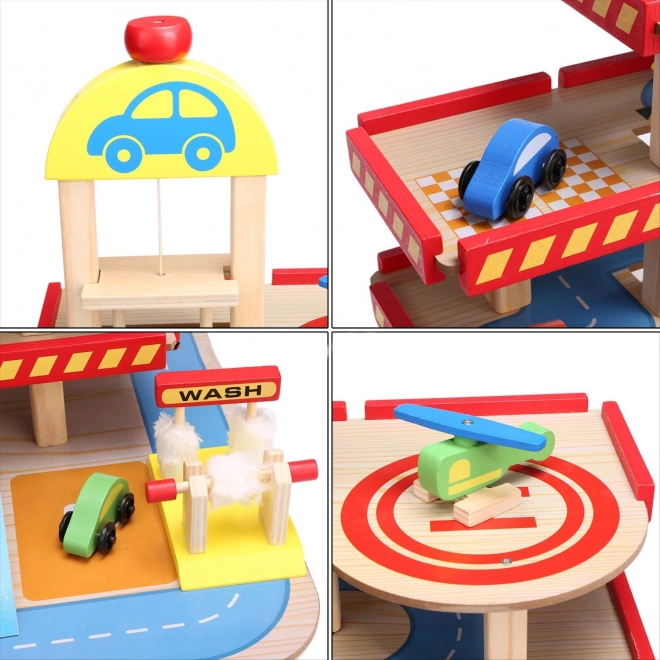ECOTOYS Drewniany garaż piętrowy z windą, lądowiskiem i dodatkowym wyposażeniem