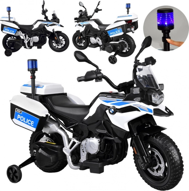 Dziecięcy policyjny motocykl na baterie BMW z sygnałem świetlnym i sakwami