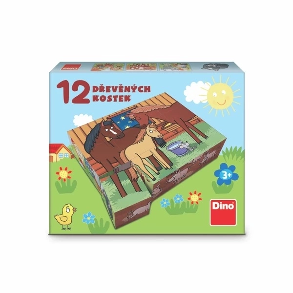 Klocki kubus zwierzęta domowe drewno 12 sztuk w pudełku 21x18x4cm