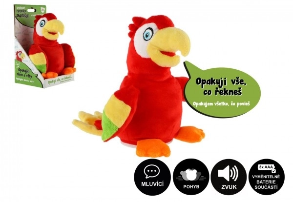Papuga Jaroušek powtarzający zdania pluszowy 16cm na baterie z dźwiękiem w pudełku 12x20x10cm w torebce