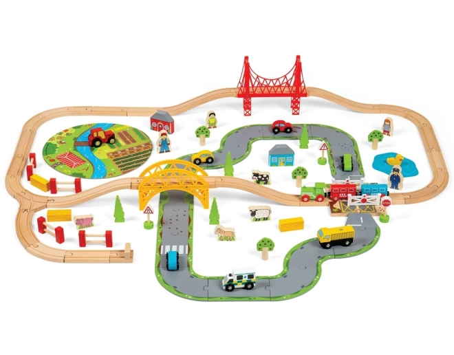Bigjigs Rail Drewniana kolejka z wiejską drogą 80 części