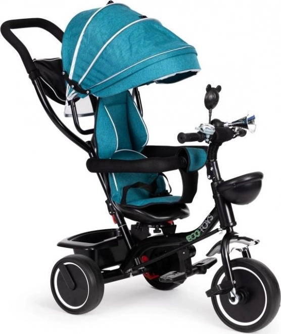 ECOTOYS Trójkołowy rowerek z daszkiem i prowadzącą rurką niebieskozielony