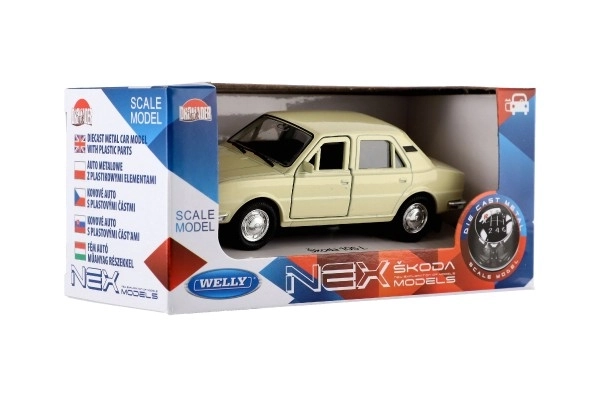 Samochód Welly Škoda 105L metal/plast 11cm 1:34-39 na wolny bieg 4 kolory w pudełku 15x7x7cm
