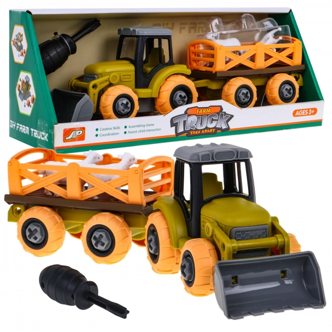 Odkręcany traktor z łyżką i przyczepą + śrubokręt + owce Zabawka dla dzieci 3+