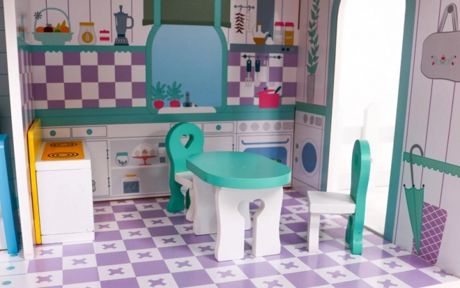 Drewniany domek dla lalek Różowy dla dzieci 3+ z wyposażeniem i meblami