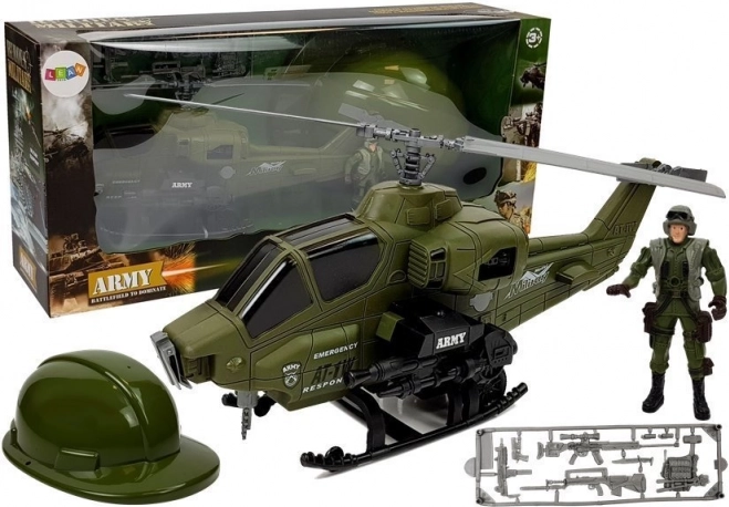 Wojskowy zestaw z helikopterem, hełmem i żołnierzem