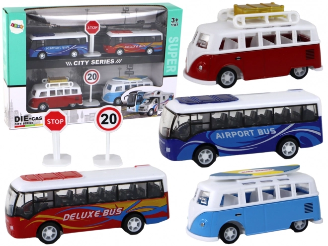 Zestaw zabawek: kampery i autobusy z napędem ciernym 1:87, 4 szt.