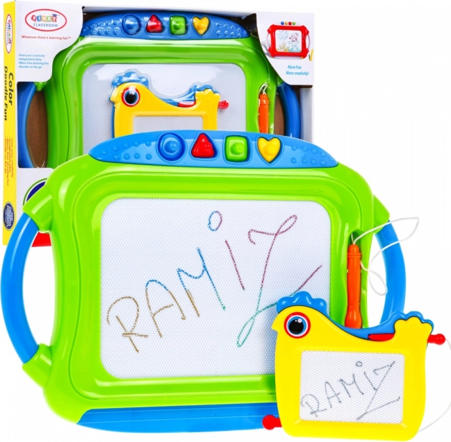 Zestaw 2 magnetycznych tablic do rysowania dla dzieci 3+ z rysikami i 4 stempelkami
