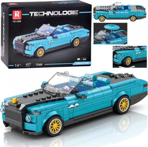 Zestaw techniczny – niebieski retro kabriolet ze złotymi kołami, 417 elementów