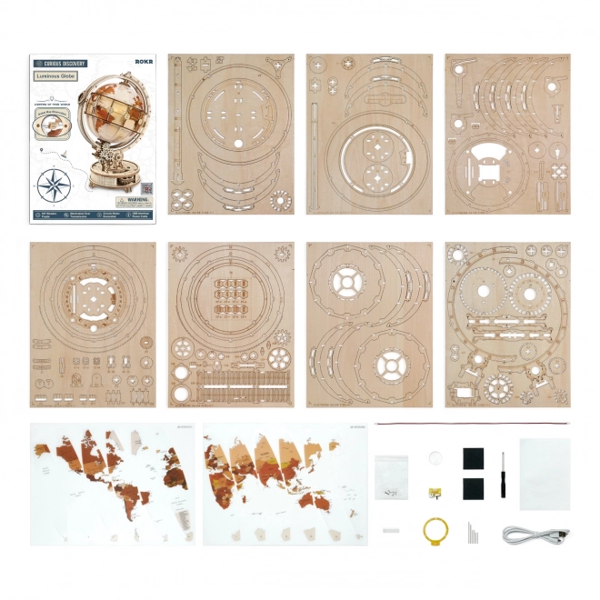 RoboTime 3D drewniane mechaniczne puzzle Świecący globus