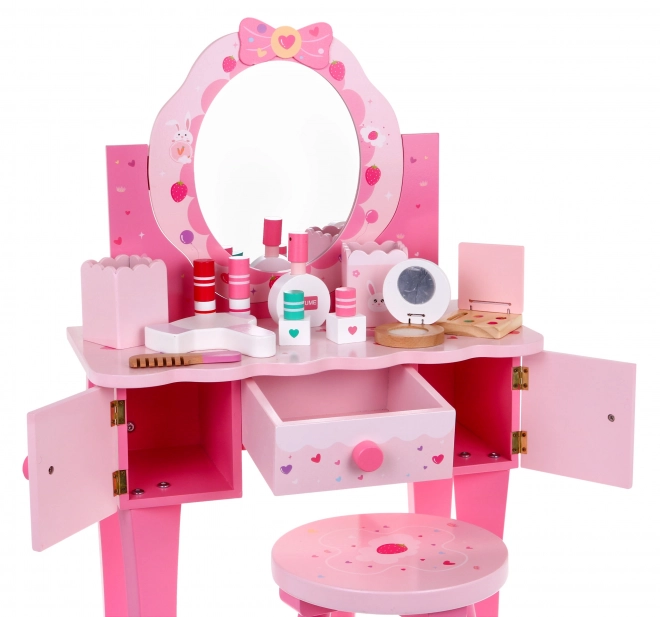 Drewniana toaletka z taboretem dla dziewczynek Domowy salon kosmetyczny Makeup + akcesoria