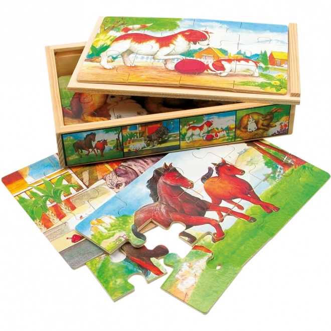 Drewniane puzzle zwierzęta w pudełku