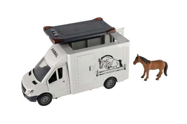 Auto do przewozu zwierząt plastikowy 28cm z koniem na mechanizm sprężynowy z światłem i dźwiękiem szare w pudełku 39x18cm