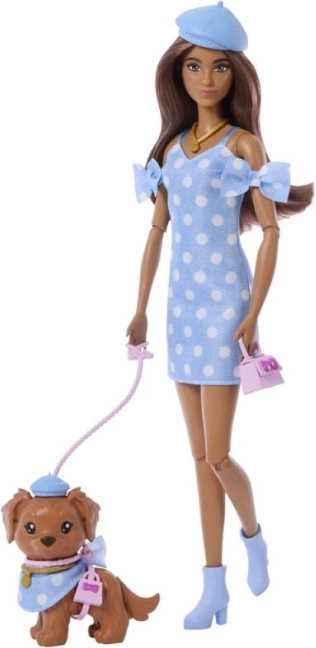 Barbie podwójny strój – kropki lalka z pieskiem i akcesoriami