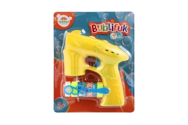 Pistolet do baniek mydlanych żółty plastik 13cm + 1 wkład na baterie na karcie