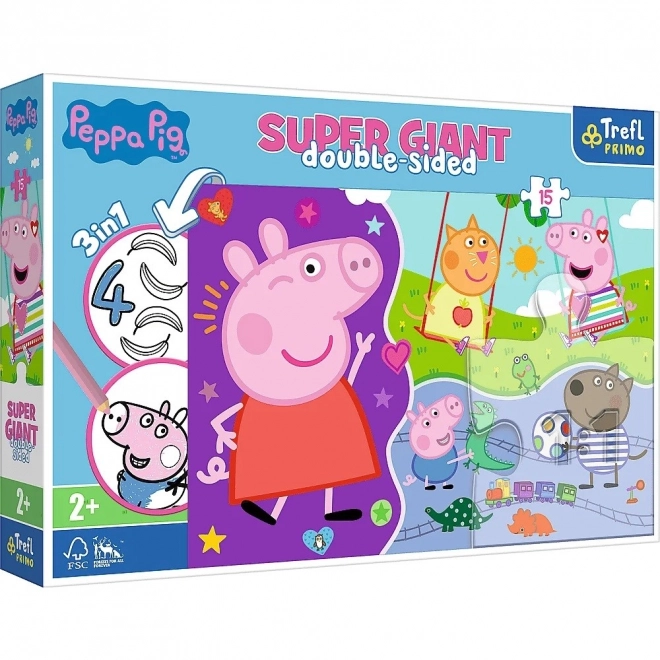 Puzzle 3w1 GIGANT dwustronne 15 elementów Świnka Peppa/Peppa Pig 60x40cm w pudełku 40x27x6cm 24m+