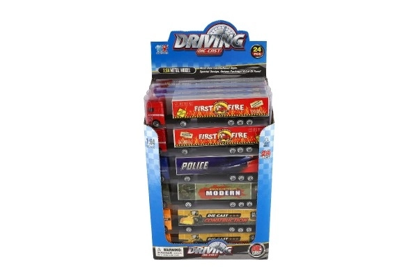 Auto ciężarowe z naczepą metal/plastik 20cm na wolny bieg mix rodzajów w plastik. pudełku 20x5x3cm